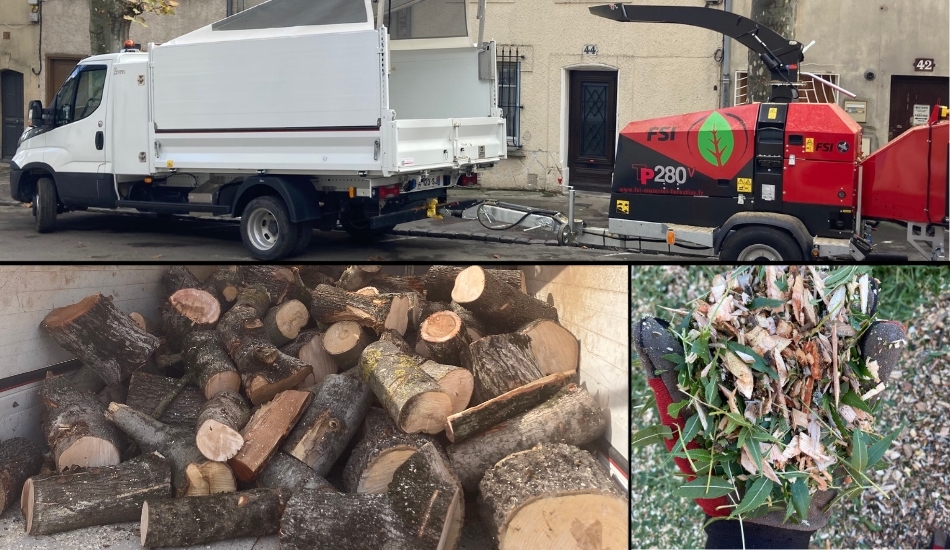 Camion benne broyeur bois copeaux evacuation buches